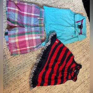 Polo by Ralph Lauren Girls Teal Polo, Pink Plaid Shorts & Navy/Red Stripe top 4t